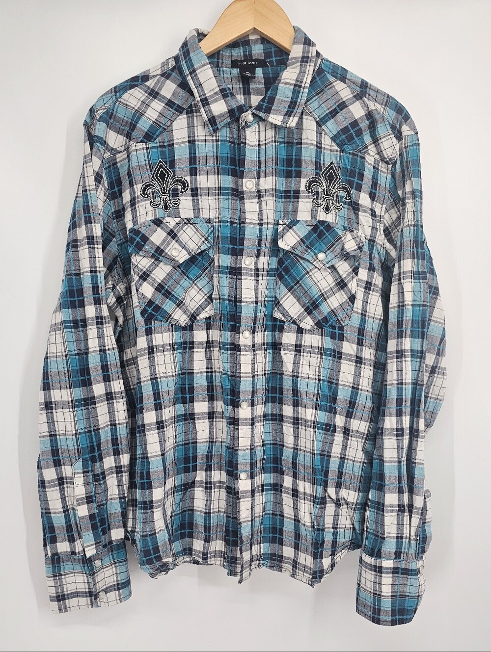 Pop Icon Buckle XL Blue Plaid Pearl Snap Western Shirt Fleur De Lis Embroidered